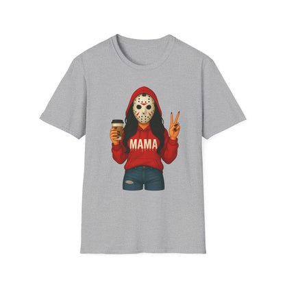 Horror Mama T‑Shirt — Jason Mask Mom with Coffee Graphic Tee