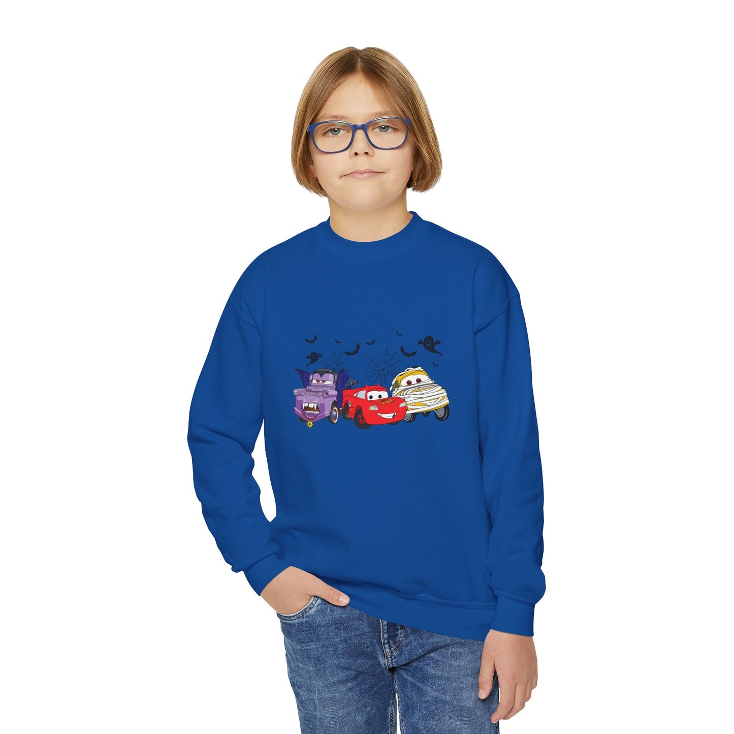 Kids Halloween Cars Crewneck Sweatshirt — Cute Haunted Car Trio Graphic