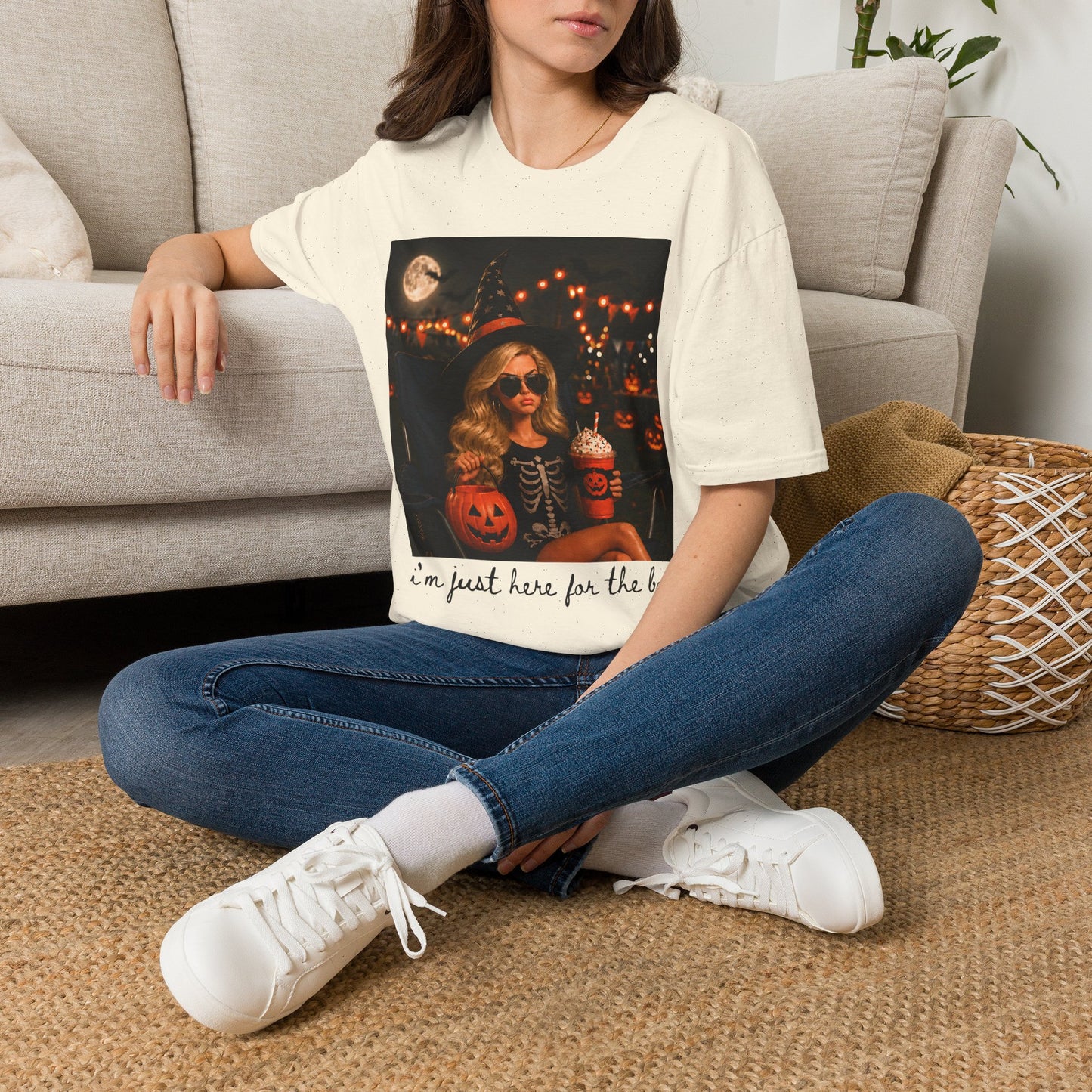 Halloween Vibes T‑Shirt — Retro Witchy Girl with Pumpkins & Moon