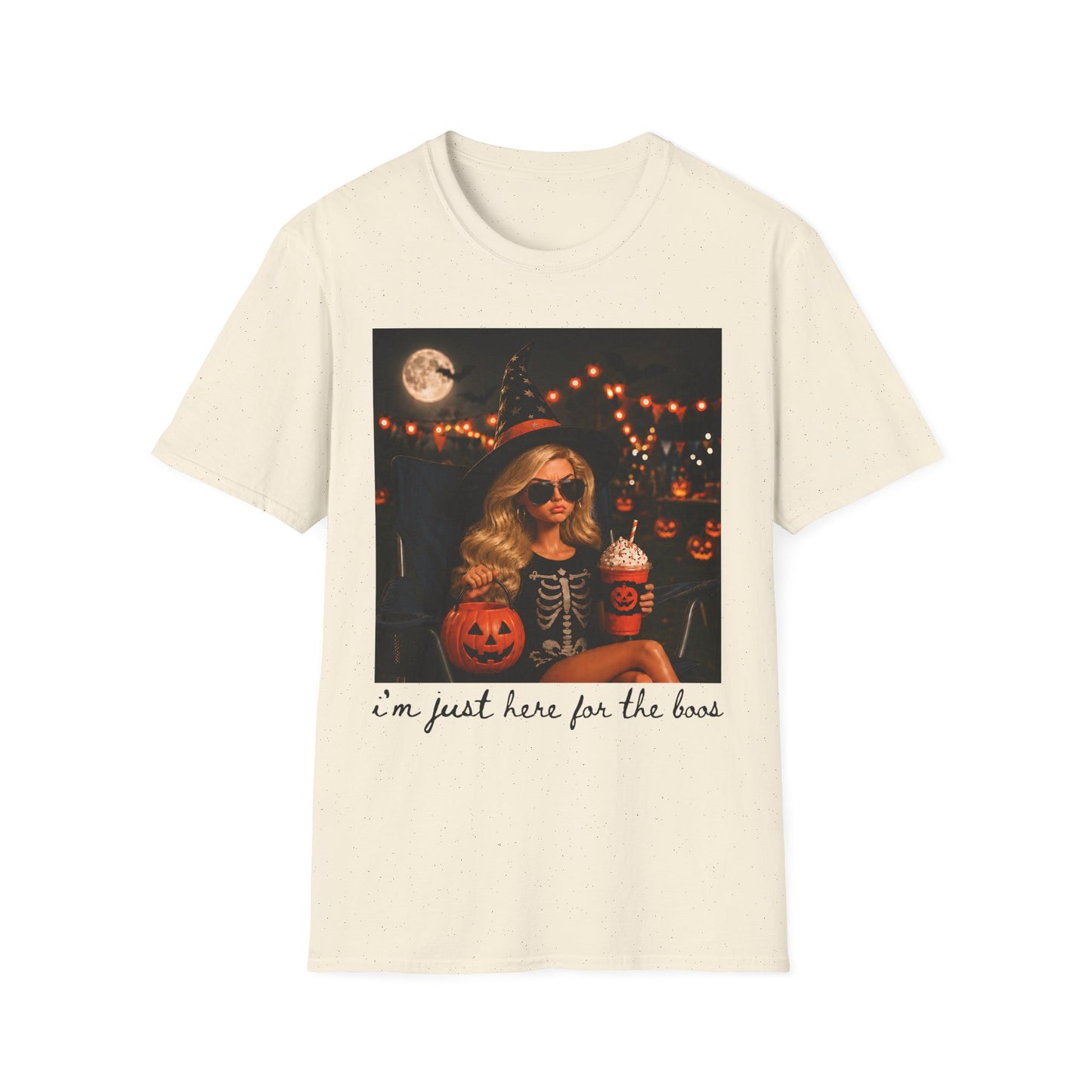 Halloween Vibes T‑Shirt — Retro Witchy Girl with Pumpkins & Moon