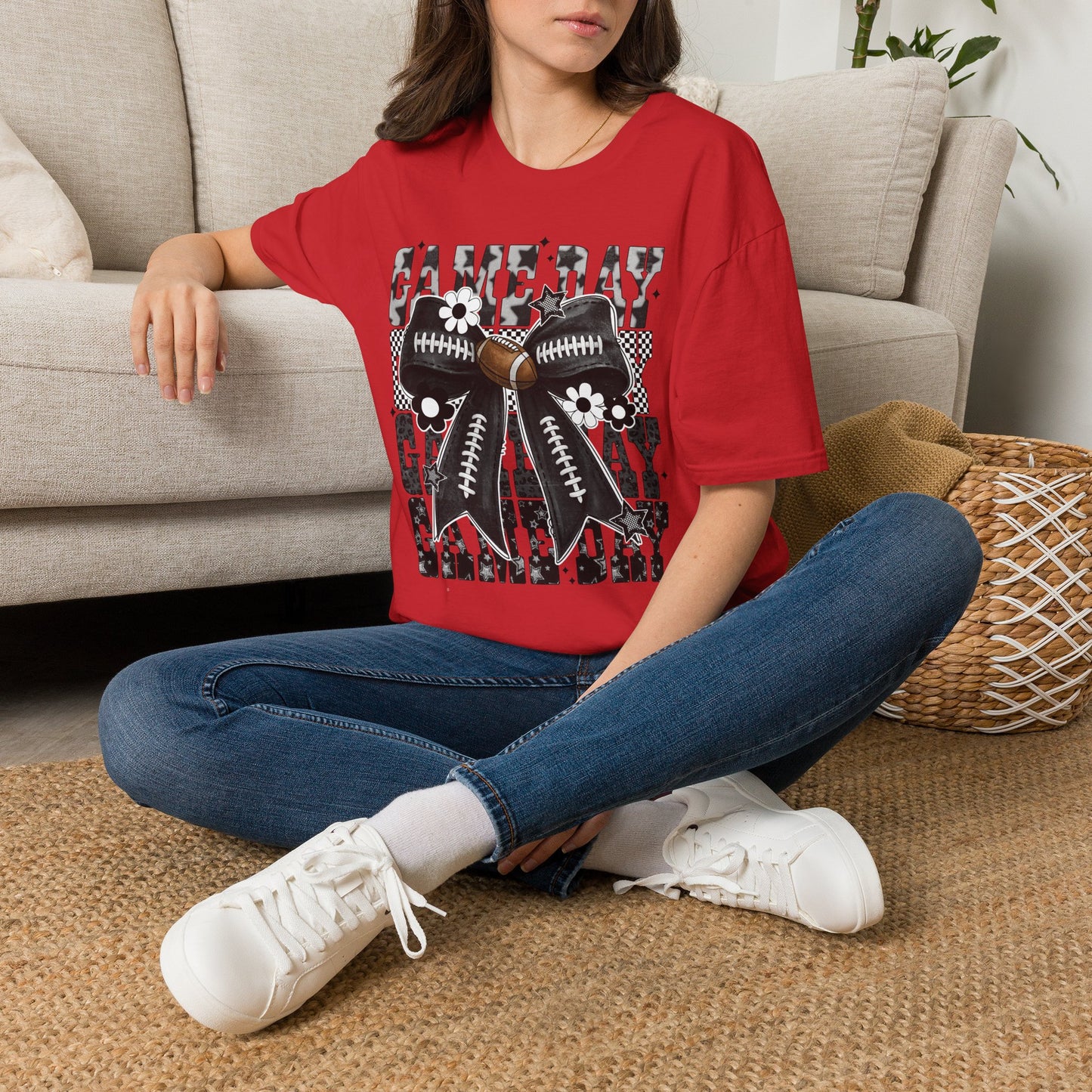 Gameday Football Bow T-Shirt — Floral Black & White Grunge Design