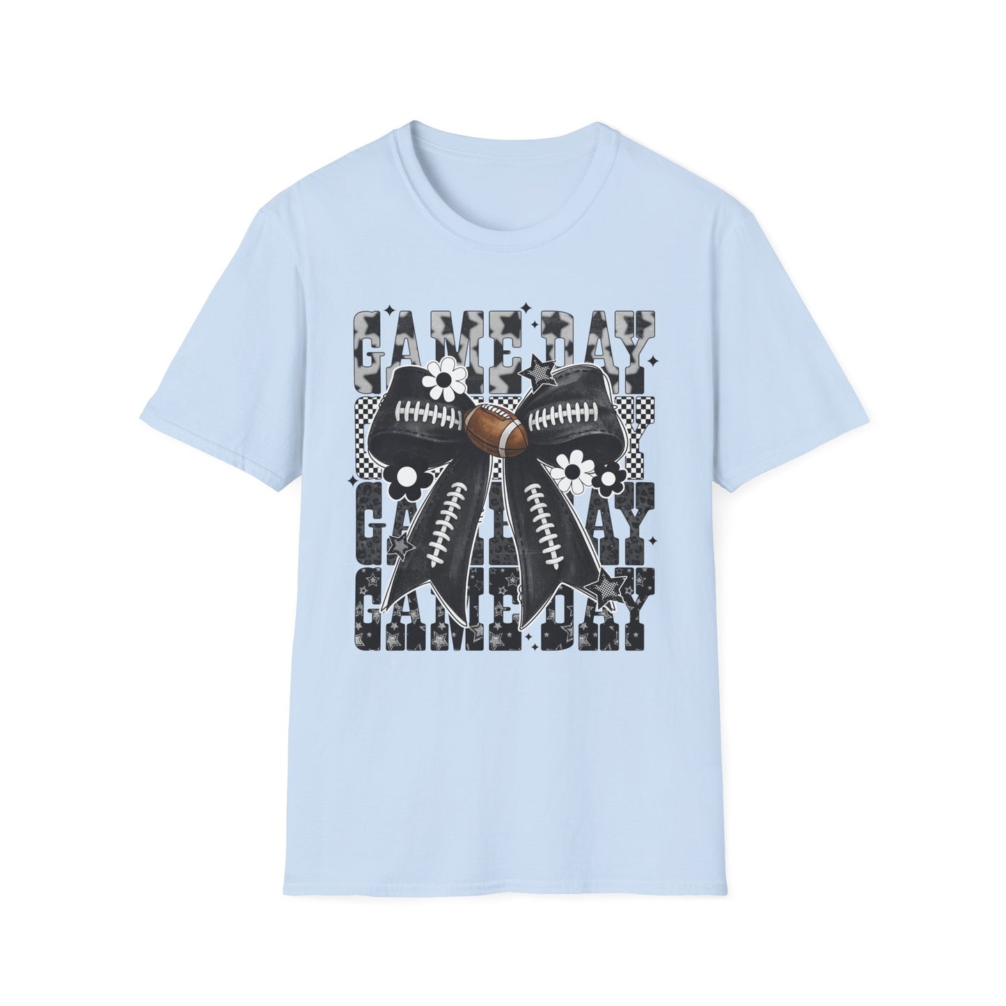 Gameday Football Bow T-Shirt — Floral Black & White Grunge Design