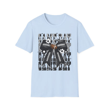 Gameday Football Bow T-Shirt — Floral Black & White Grunge Design