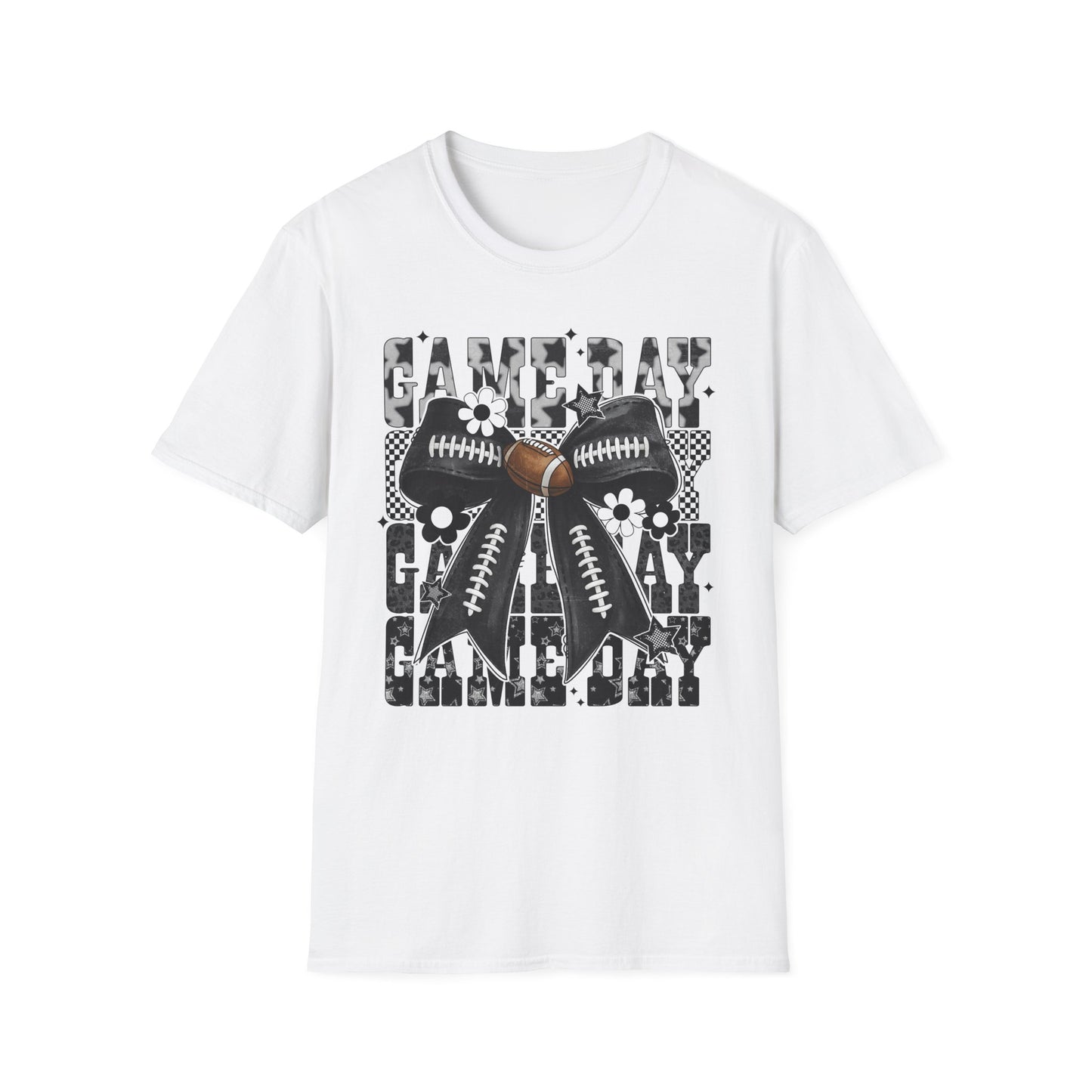 Gameday Football Bow T-Shirt — Floral Black & White Grunge Design