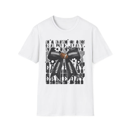 Gameday Football Bow T-Shirt — Floral Black & White Grunge Design