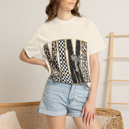Leopard Checker MAMA Tee — Vintage-Inspired Mama Shirt with Bow Graphic