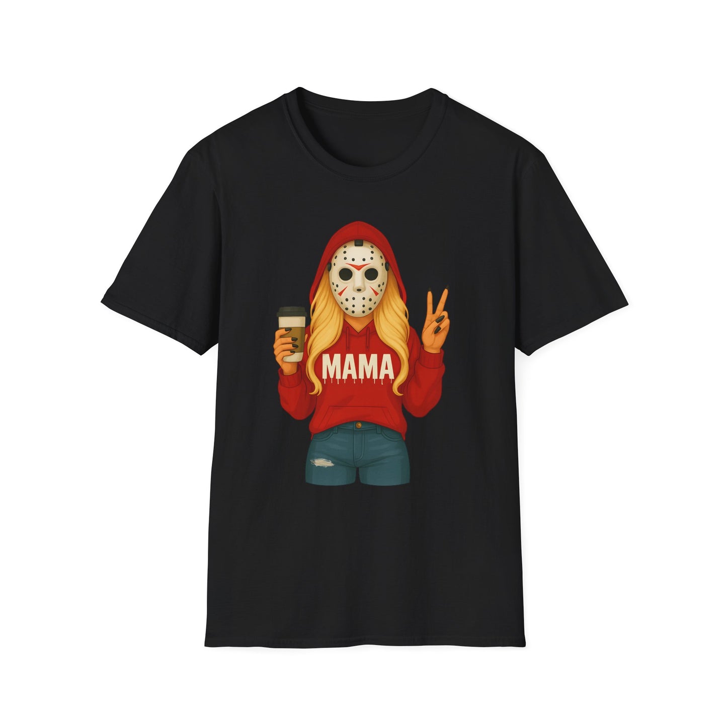 Mama Jason Horror Mask T-Shirt — Funny Mom Halloween Tee with Coffee & Peace Sign