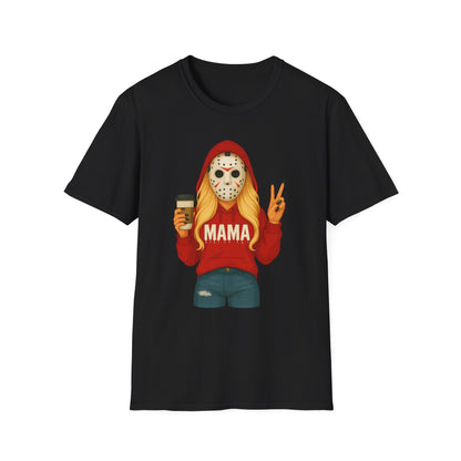 Mama Jason Horror Mask T-Shirt — Funny Mom Halloween Tee with Coffee & Peace Sign