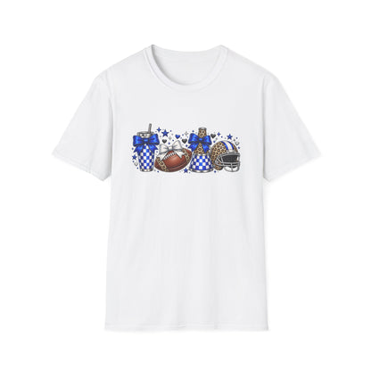 Football Cheer Graphic T-Shirt — Blue Spirit Football Helmet, Ball & Pom Design