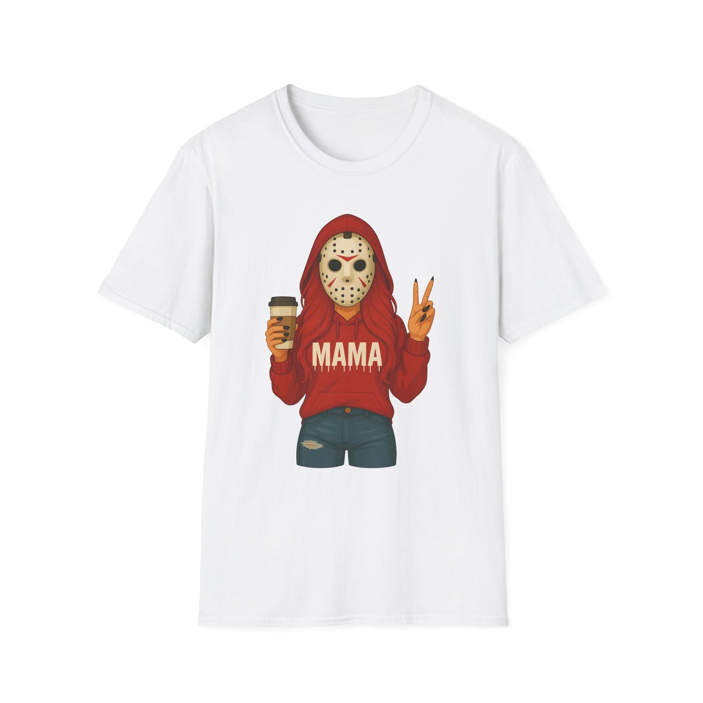 Mama Jason Horror Mask Graphic T-Shirt — Coffee-Loving Mom Halloween Tee