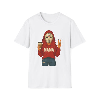 Mama Jason Horror Mask Graphic T-Shirt — Coffee-Loving Mom Halloween Tee