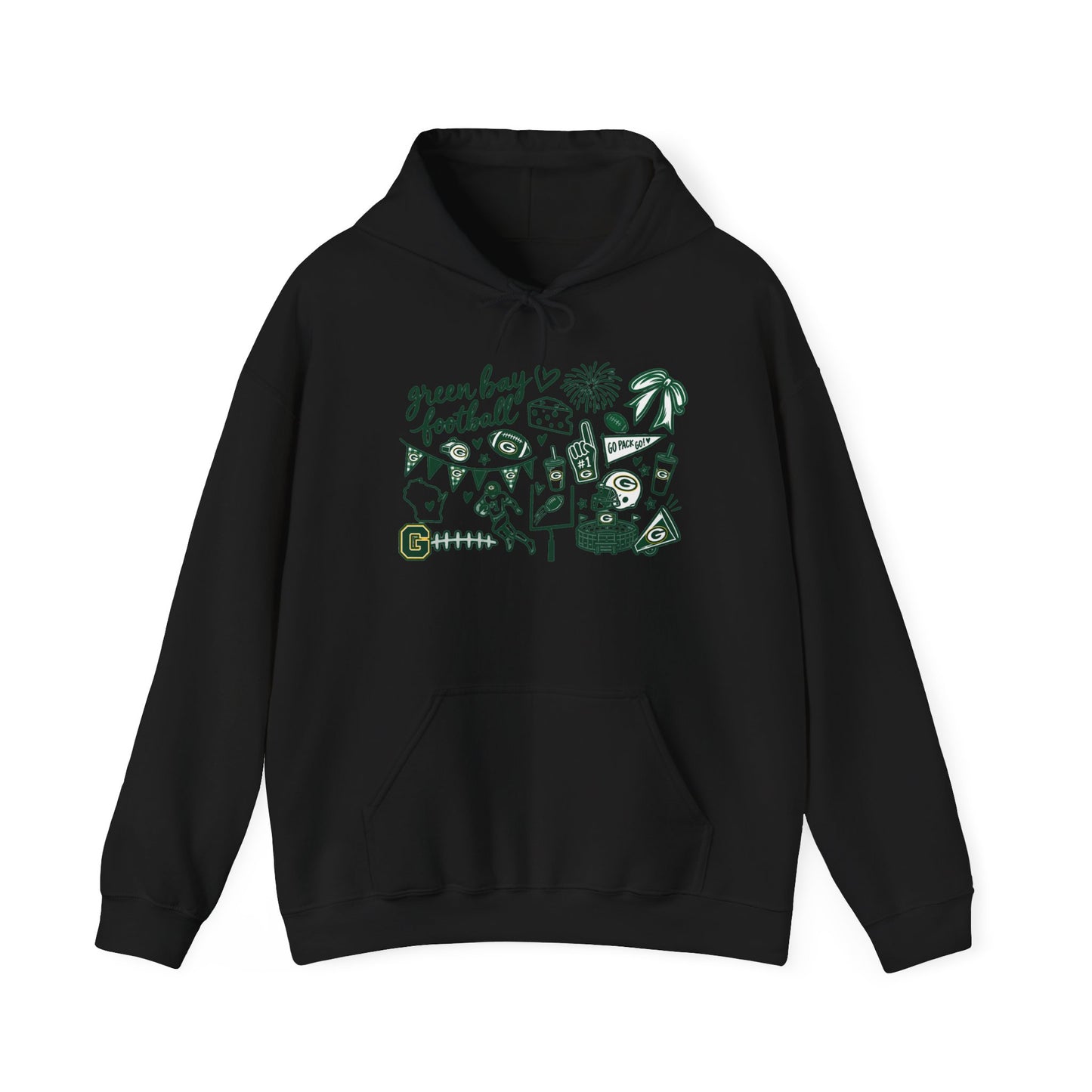 Green Bay Football Doodle Hoodie — Vintage Team Icons Pullover