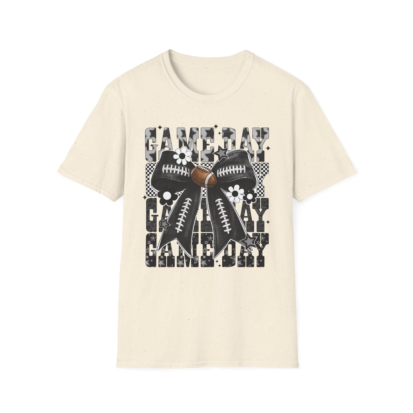 Gameday Football Bow T-Shirt — Floral Black & White Grunge Design