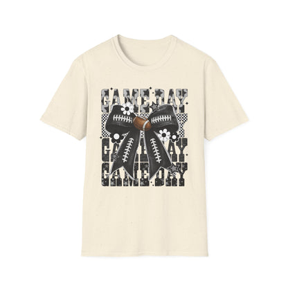 Gameday Football Bow T-Shirt — Floral Black & White Grunge Design