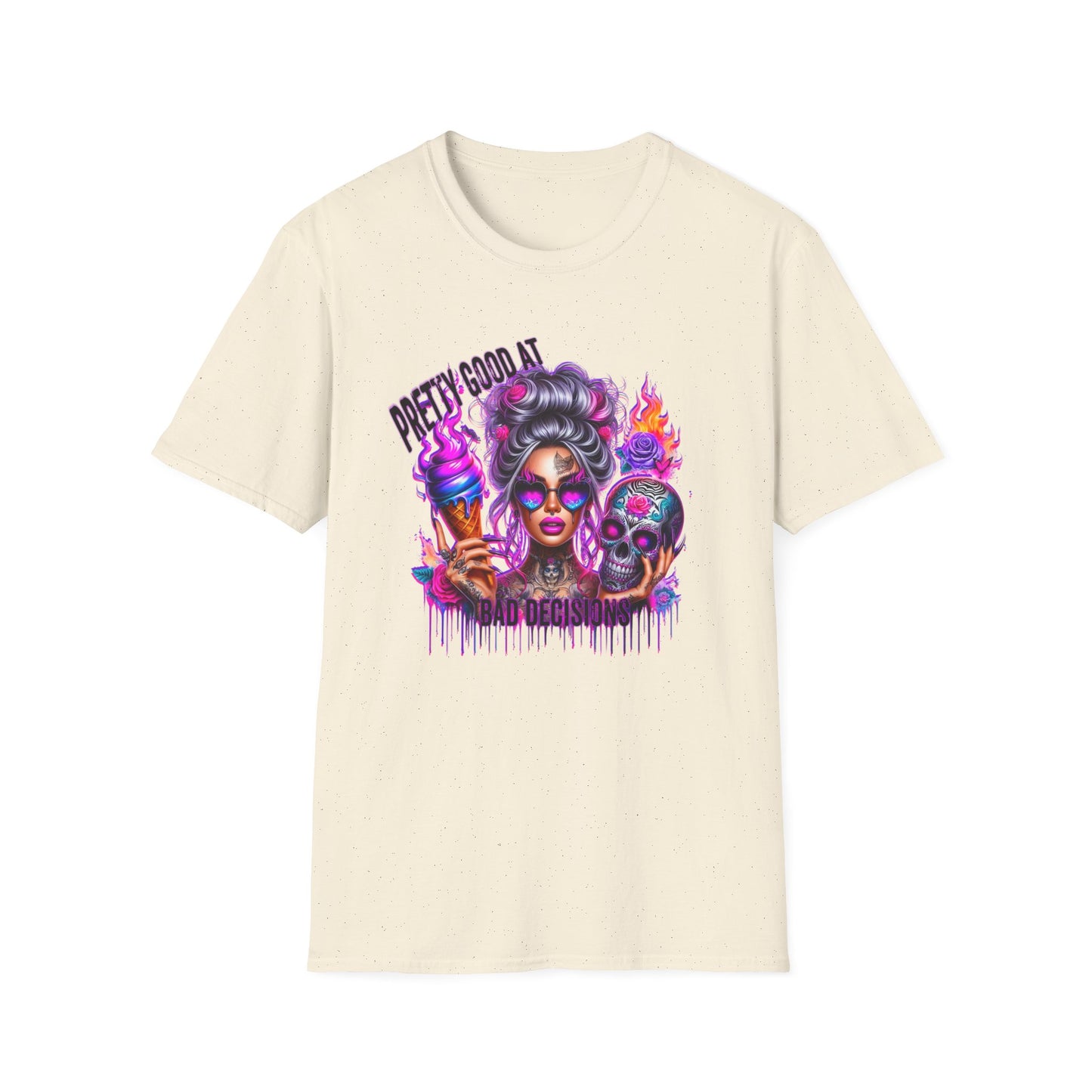 T-Shirt — "Pretty Good At" Colorful Glam Girl Skull Graphic Tee