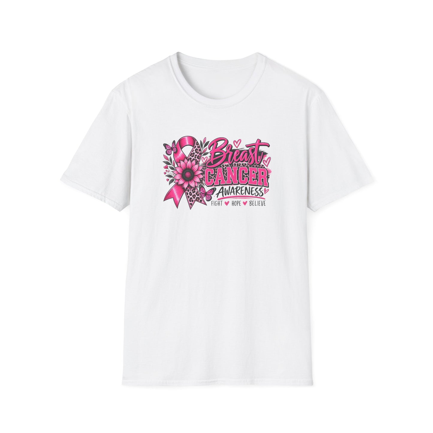 Breast Cancer Awareness T-Shirt — Pink Ribbon, 'Fight Hope Believe'