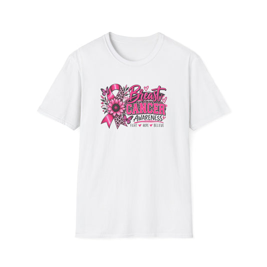 Breast Cancer Awareness T-Shirt — Pink Ribbon, 'Fight Hope Believe'