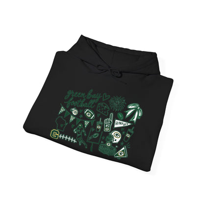 Green Bay Football Doodle Hoodie — Vintage Team Icons Pullover