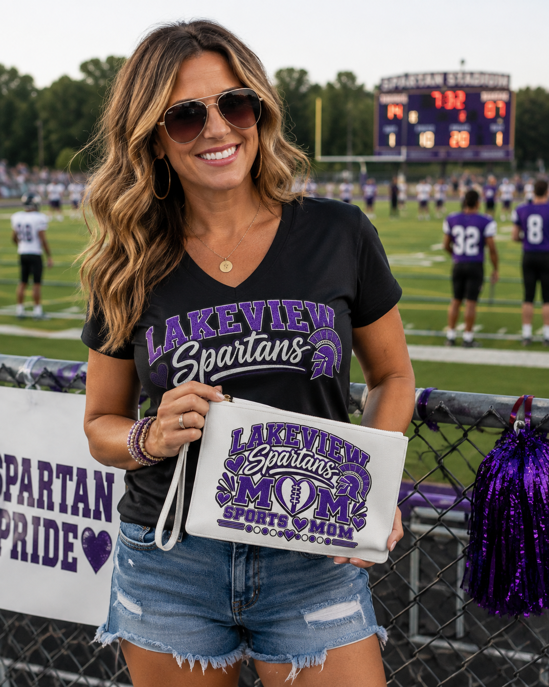 Lakeview Spartans Mom Clutch Bag — Sports Mom Wristlet (Purple Football Helmet Design)