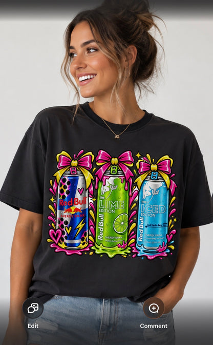 Energy Drink Trio Graphic Tee — Colorful Neon Can Art T-Shirt