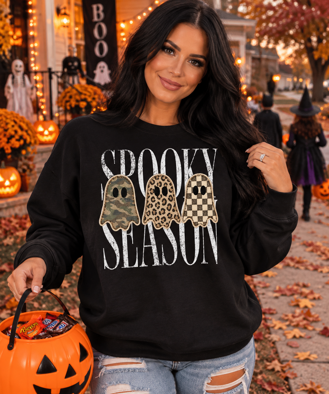 Spooky Season Sweatshirt — Leopard, Camo & Checker Ghosts Halloween Crewneck