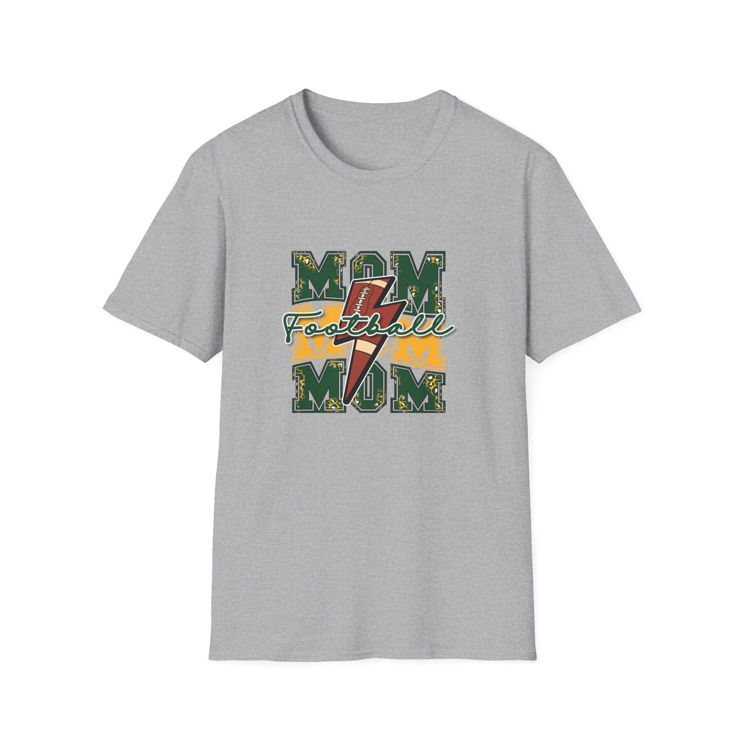 Mom Football Tee — Cute Green & Gold "MOM" Graphic T-Shirt for Football Moms