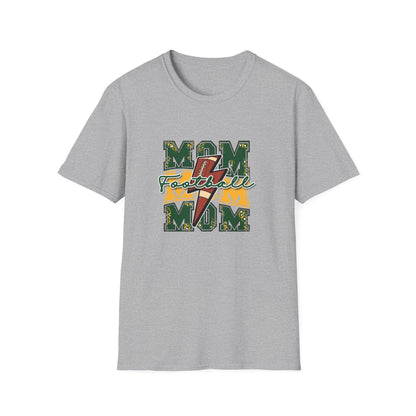 Mom Football Tee — Cute Green & Gold "MOM" Graphic T-Shirt for Football Moms