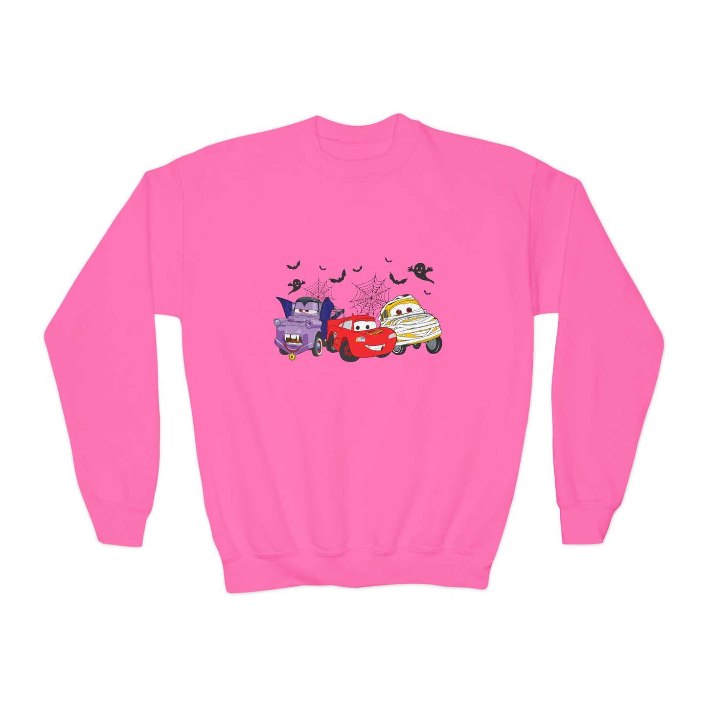 Kids Halloween Cars Crewneck Sweatshirt — Cute Haunted Car Trio Graphic