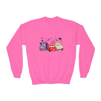 Kids Halloween Cars Crewneck Sweatshirt — Cute Haunted Car Trio Graphic