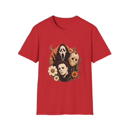 Halloween Horror Mask Crewneck T-Shirt — Scream, Michael Myers & Jason Graphic