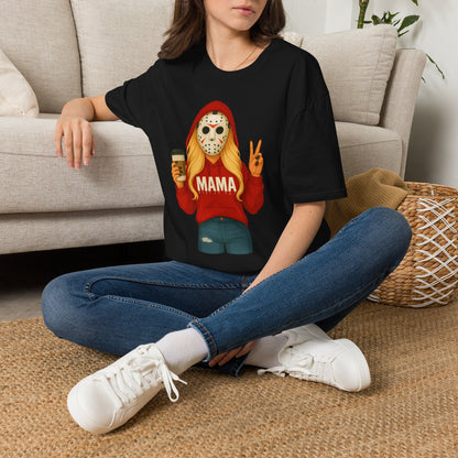 Mama Jason Horror Mask T-Shirt — Funny Mom Halloween Tee with Coffee & Peace Sign
