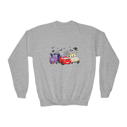 Kids Halloween Cars Crewneck Sweatshirt — Cute Haunted Car Trio Graphic