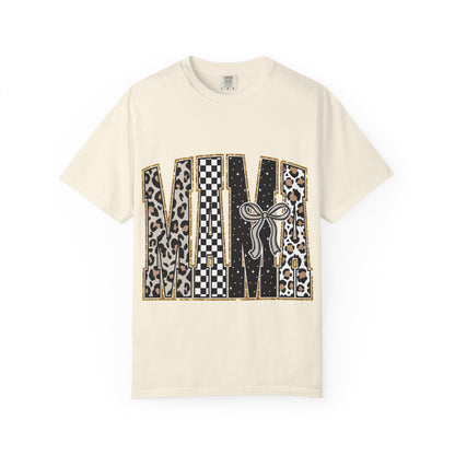 Leopard Checker MAMA Tee — Vintage-Inspired Mama Shirt with Bow Graphic