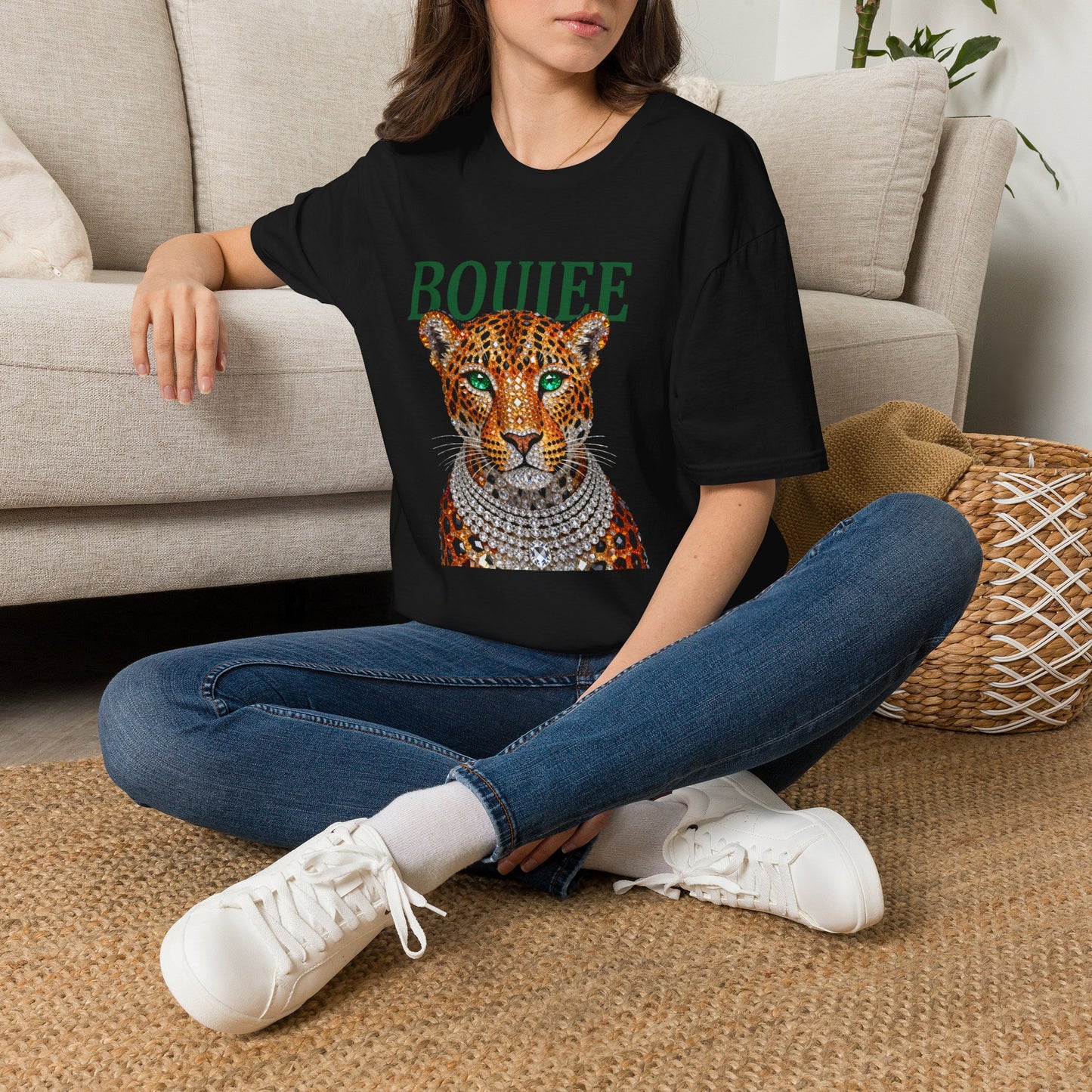 Boujee Leopard T-Shirt — Stylish Women’s Graphic Tee with Jeweled Cat Design