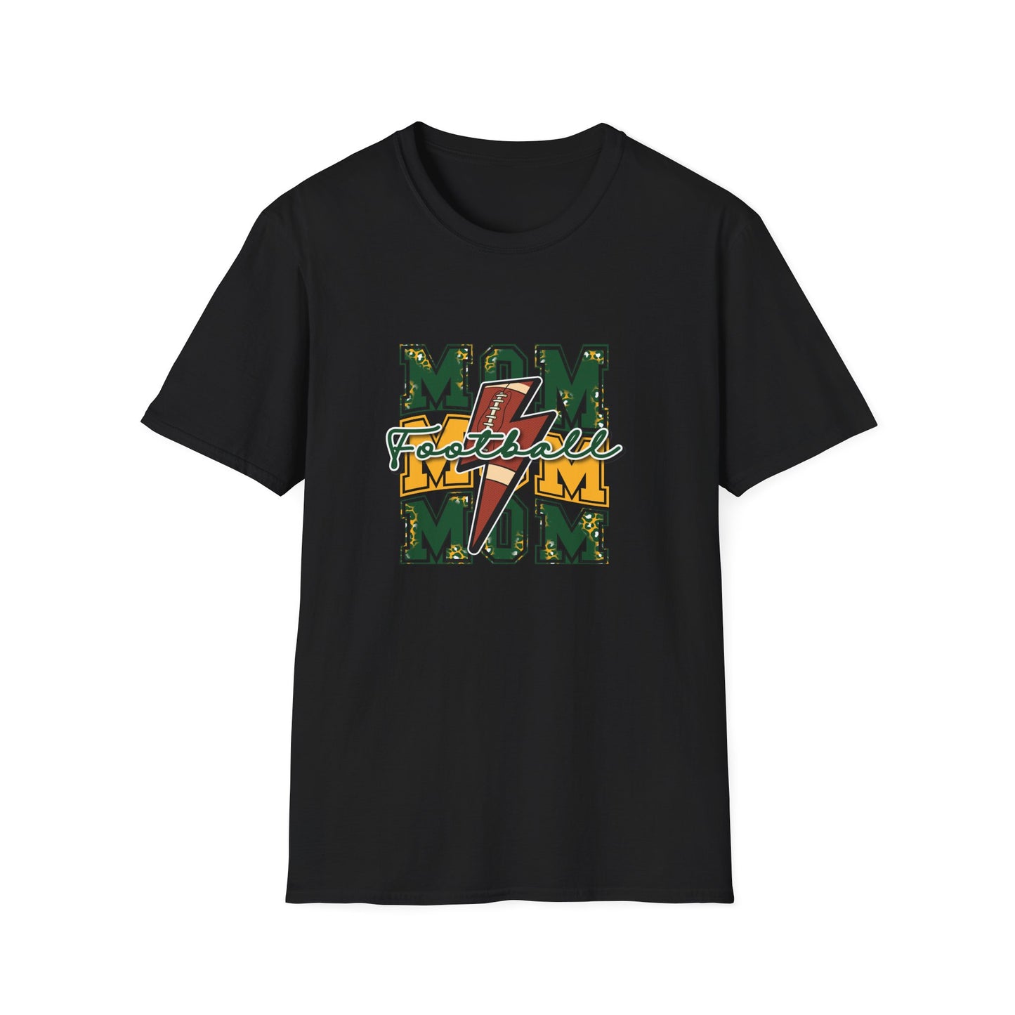 Mom Football Tee — Cute Green & Gold "MOM" Graphic T-Shirt for Football Moms