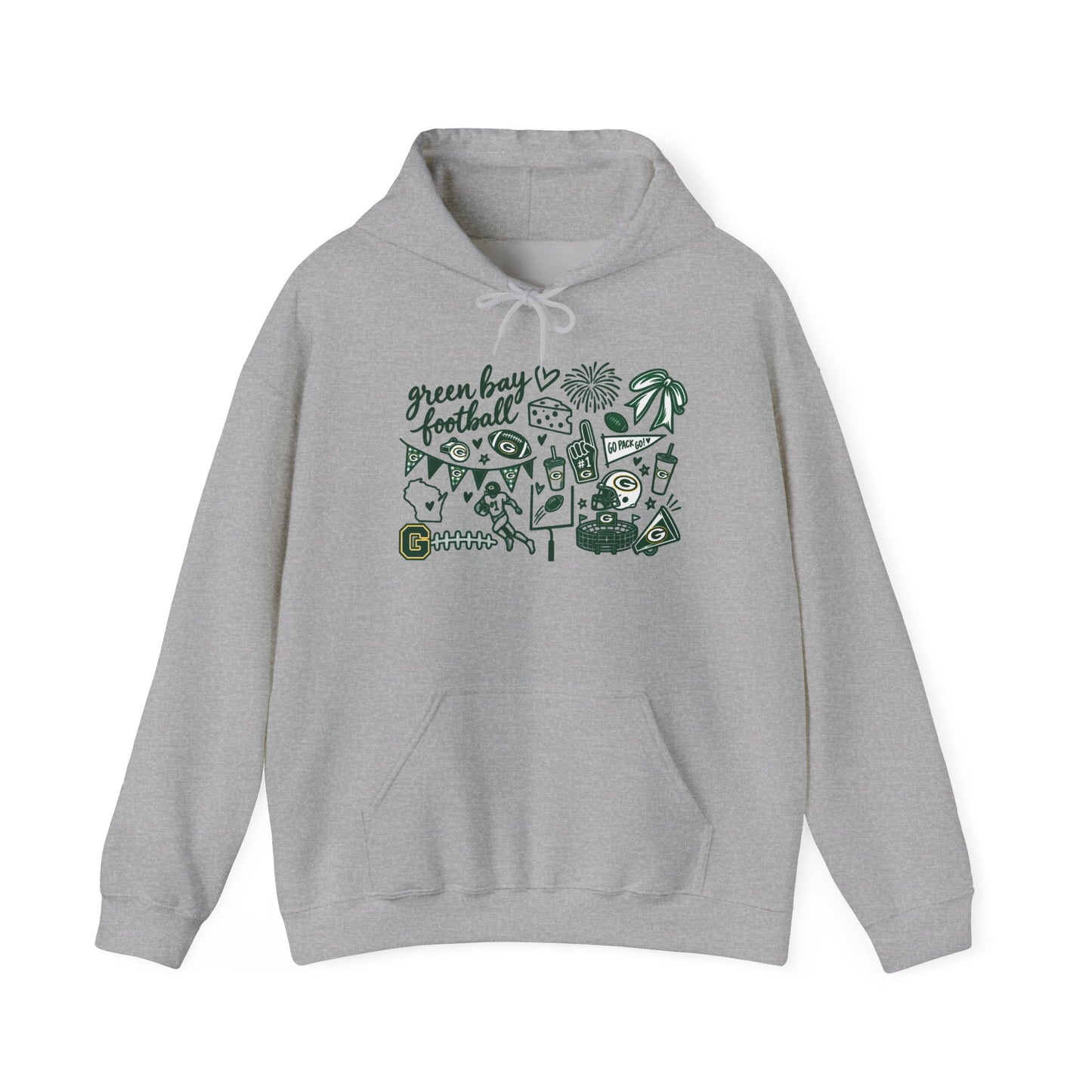 Green Bay Football Doodle Hoodie — Vintage Team Icons Pullover