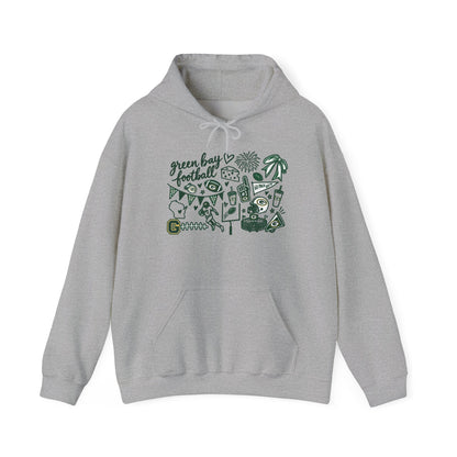 Green Bay Football Doodle Hoodie — Vintage Team Icons Pullover