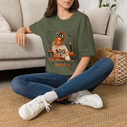 Halloween 'Boo' Girl T-Shirt — Cute Spooky Pumpkin & Candle Graphic Tee