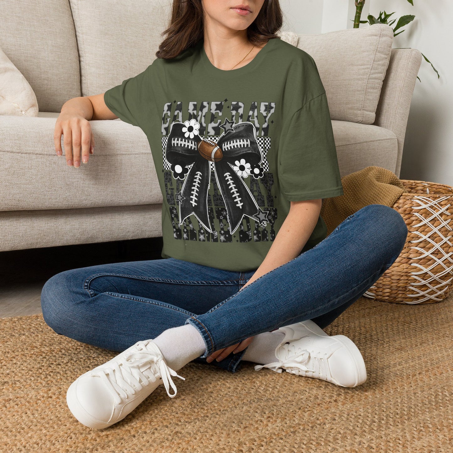 Gameday Football Bow T-Shirt — Floral Black & White Grunge Design