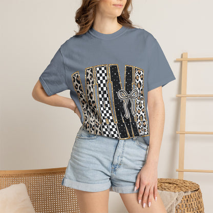 Leopard Checker MAMA Tee — Vintage-Inspired Mama Shirt with Bow Graphic