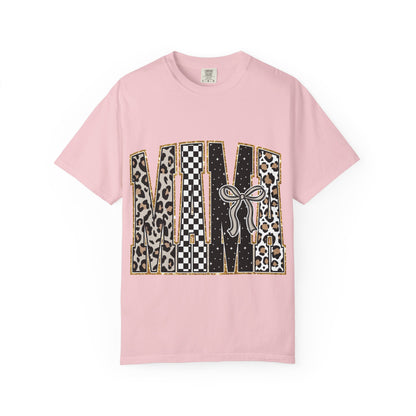 Leopard Checker MAMA Tee — Vintage-Inspired Mama Shirt with Bow Graphic