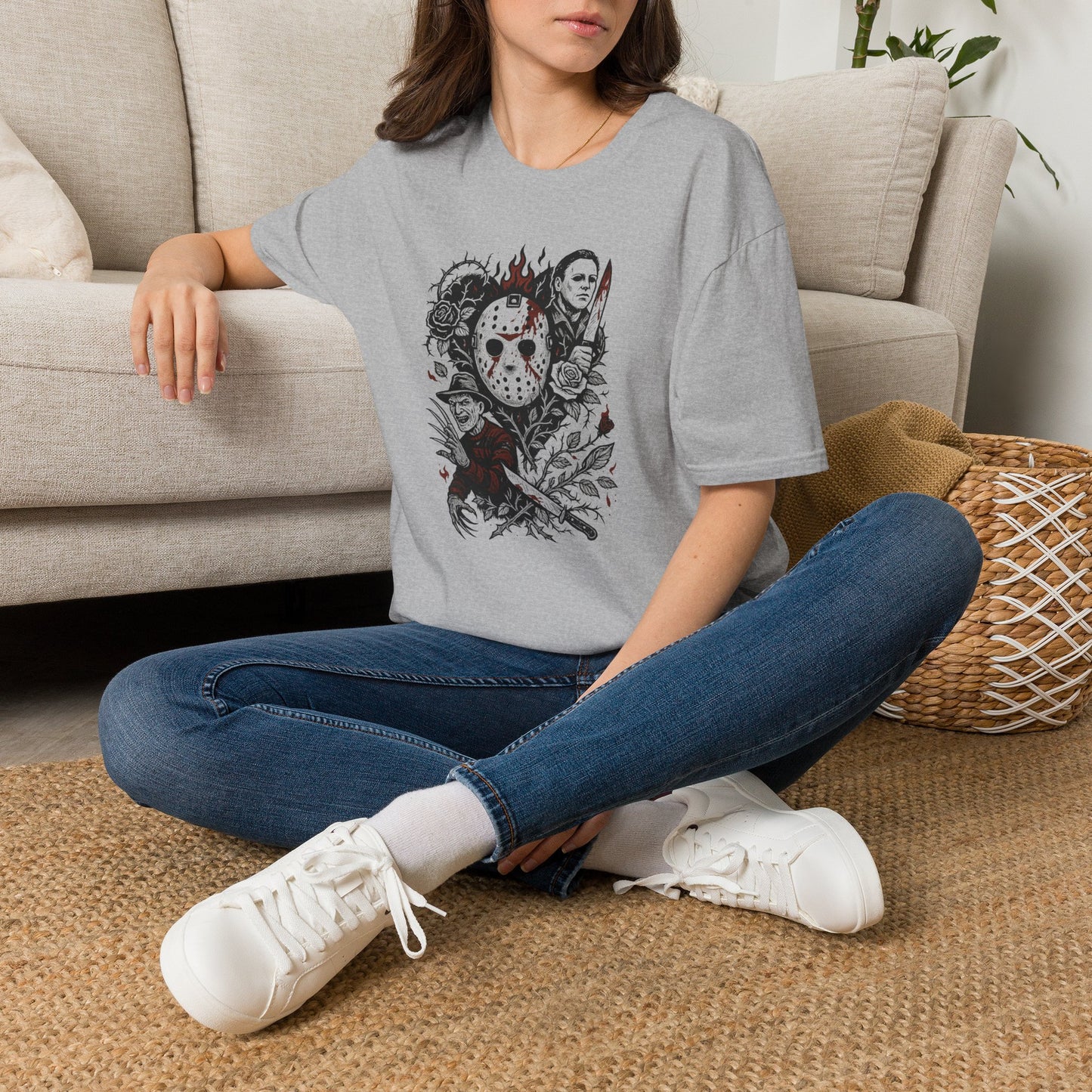 Horror Icons Floral Collage T-Shirt — Jason, Michael & Freddy Graphic Tee