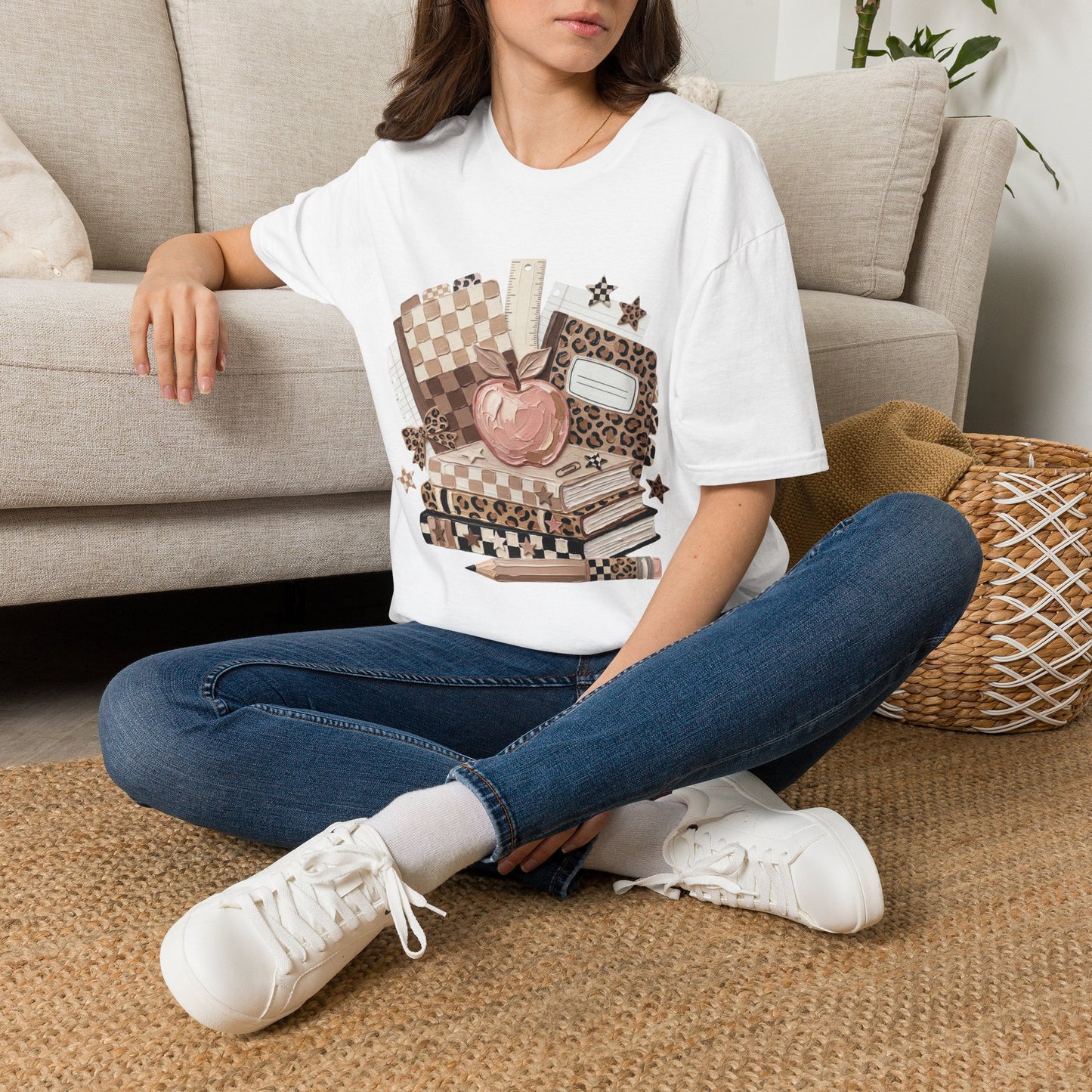 Teacher Apple & School Supplies T‑Shirt — Leopard Notebook Classroom Design