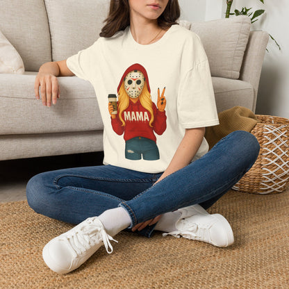 Mama Jason Horror Mask T-Shirt — Funny Mom Halloween Tee with Coffee & Peace Sign