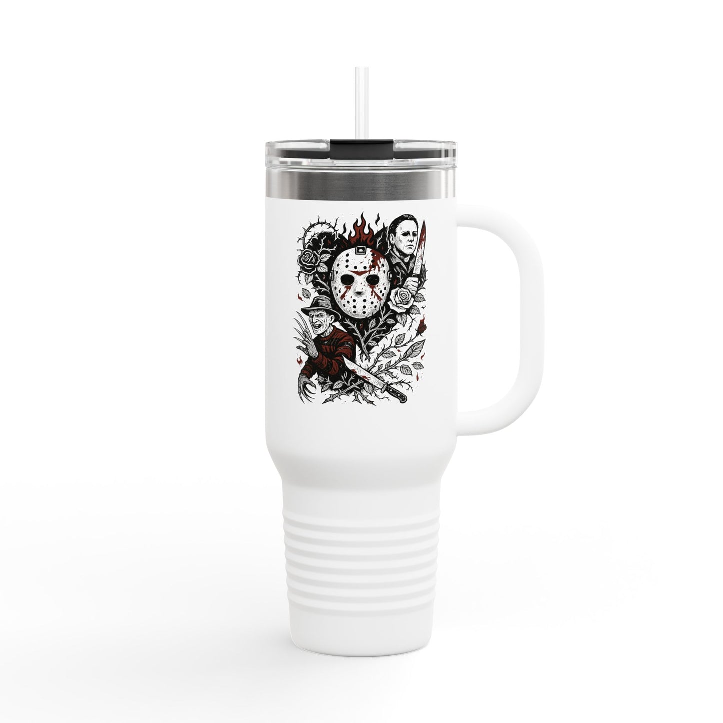 40oz Insulated Travel Mug — Horror Villains Collage (Jason, Freddy, Ghostface)