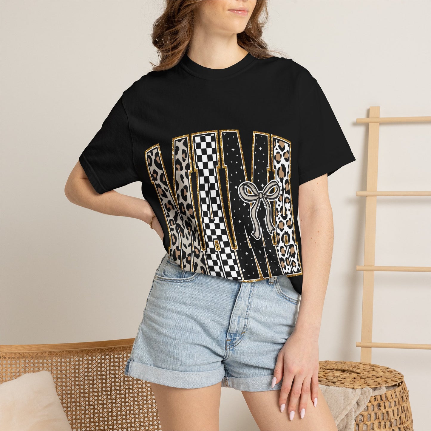 Leopard Checker MAMA Tee — Vintage-Inspired Mama Shirt with Bow Graphic