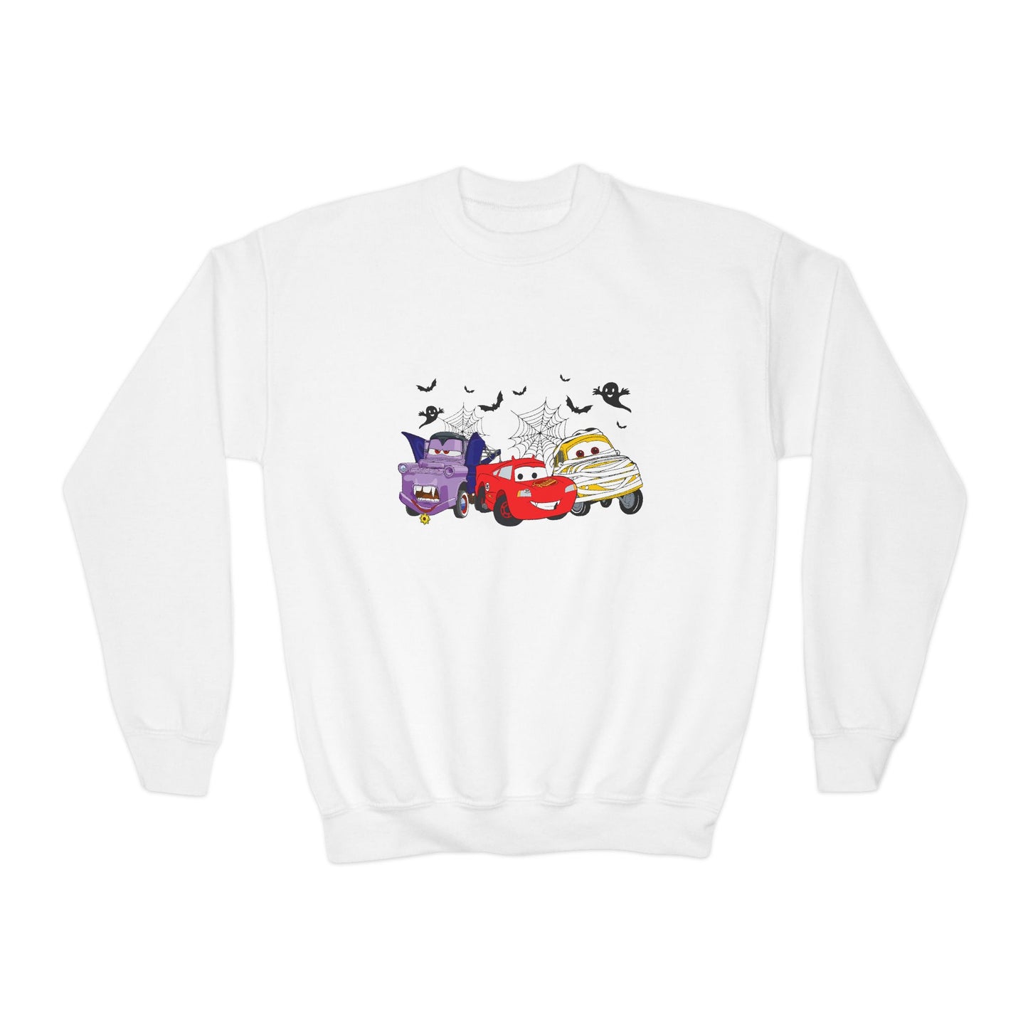 Kids Halloween Cars Crewneck Sweatshirt — Cute Haunted Car Trio Graphic