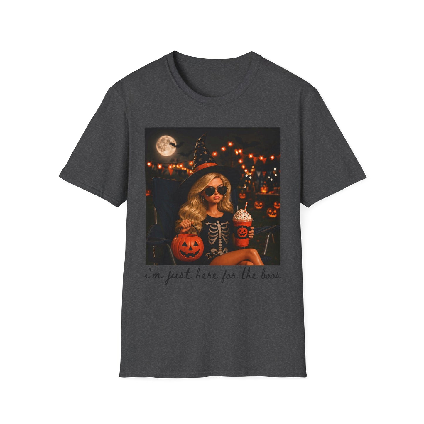 Halloween Vibes T‑Shirt — Retro Witchy Girl with Pumpkins & Moon