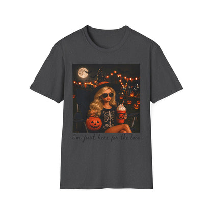 Halloween Vibes T‑Shirt — Retro Witchy Girl with Pumpkins & Moon