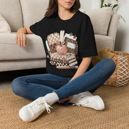 Teacher Apple & School Supplies T‑Shirt — Leopard Notebook Classroom Design